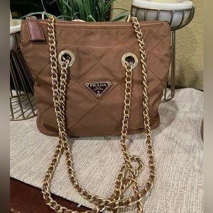 SOLD ! Prada brown chain bag nylon authentic gold accents
